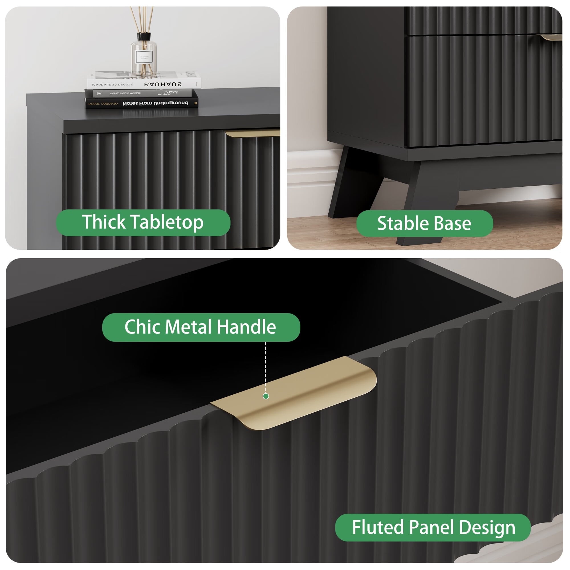 Set of 2 Large Black Bedside Tables – 24" Wide Fluted Wood End Tables