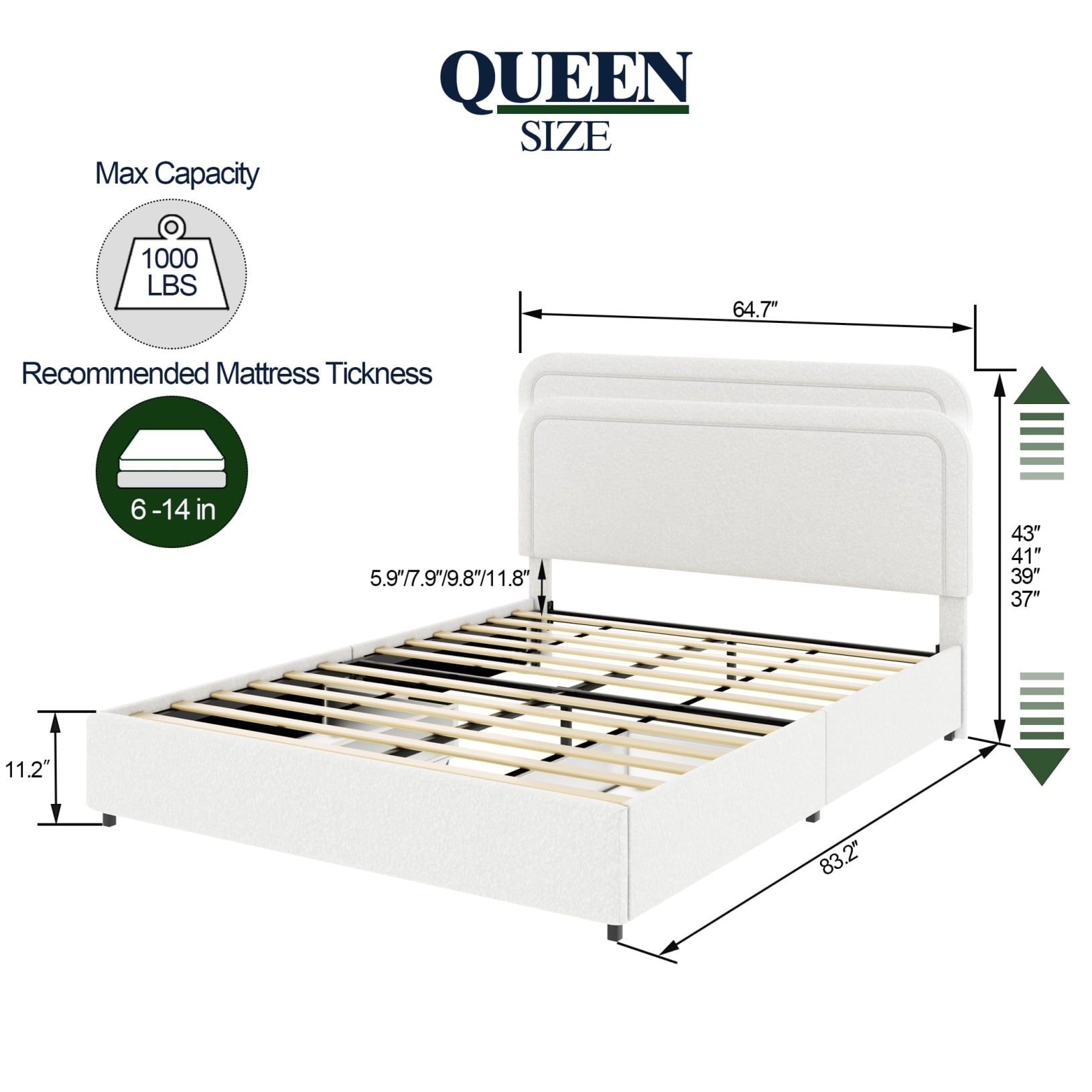 Ivory Bouclé Queen Storage Bed – Curved Tufted Headboard with 2 Drawers