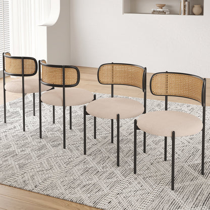 Upholstered Dining Chair Set of 4, Rattan Backrest Kitchen Chair, Light Brown