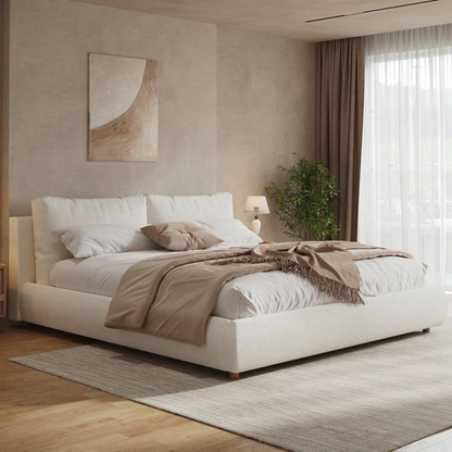 Boucle Fabric Upholstered Platform Bed with Two Removable Pillow