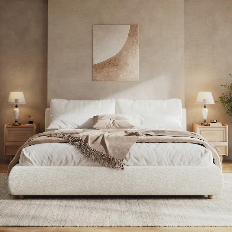 Boucle Fabric Upholstered Platform Bed with Two Removable Pillow