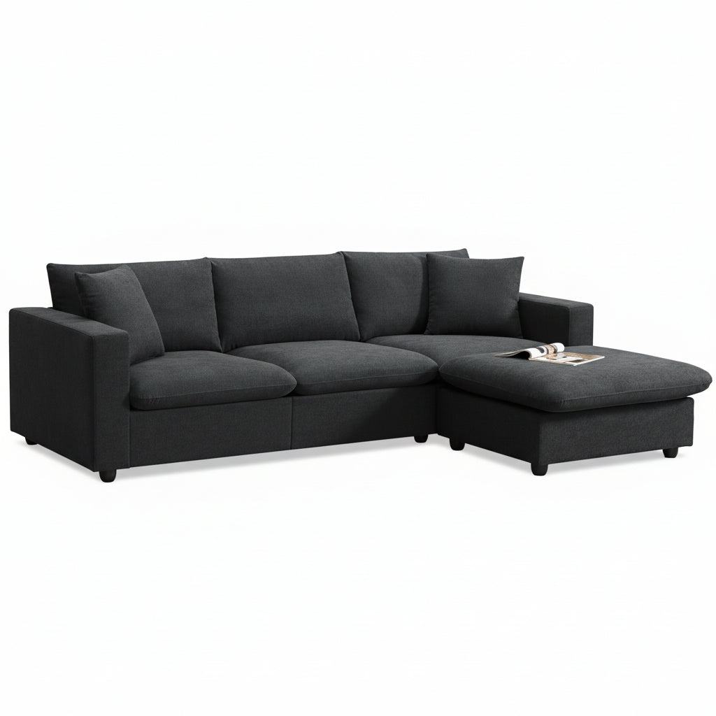 Modern Sectional Sofa, L-Shaped Couch Set with 2 Free Pillows, 4-Seat Couch Set with Convertible Ottoman, Comfy Couch
