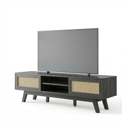 Black Rattan TV Stand for 65" TV - Boho Mid Century Modern Media Console with Sliding Doors