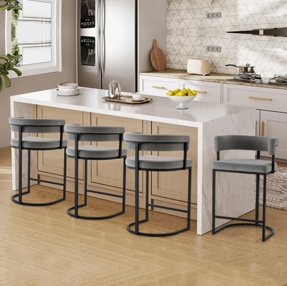 26 Inch Velvet Upholstered Counter Stool with Barrel Backrest, Upholstered Seat, and Metal Frame