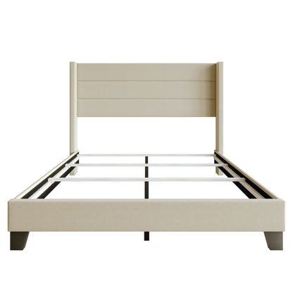 Queen Upholstered Panel Bed Frame with Wingback Headboard and Foam-Padded Support