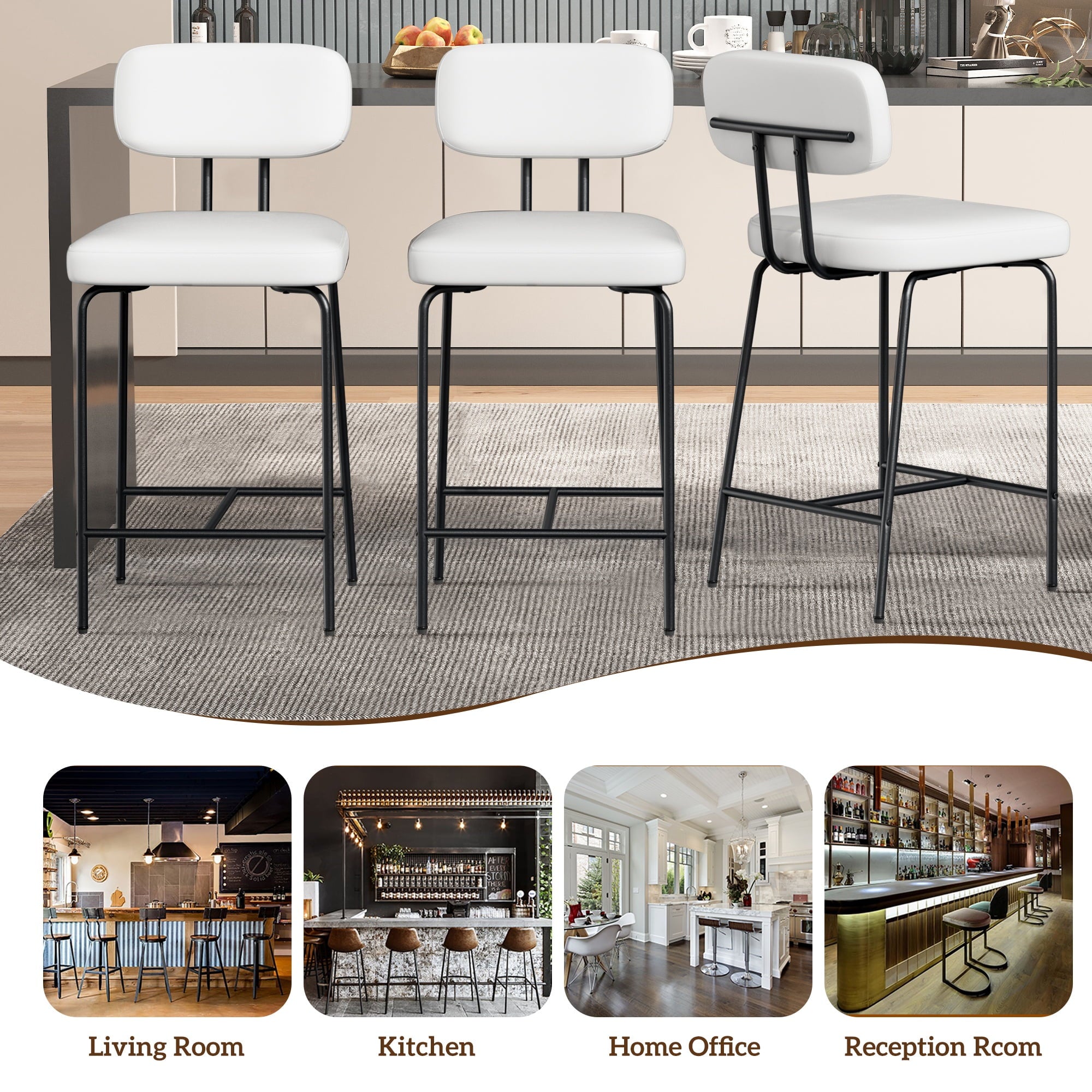 Set of 2 White PU Leather Bar Stools – 26" Counter Height with Back