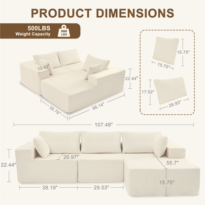Stylish 108" Convertible Sectional Sofa - Cozy Memory Foam Comfort for 4, No Assembly Needed, Right Facing Chaise in Beige