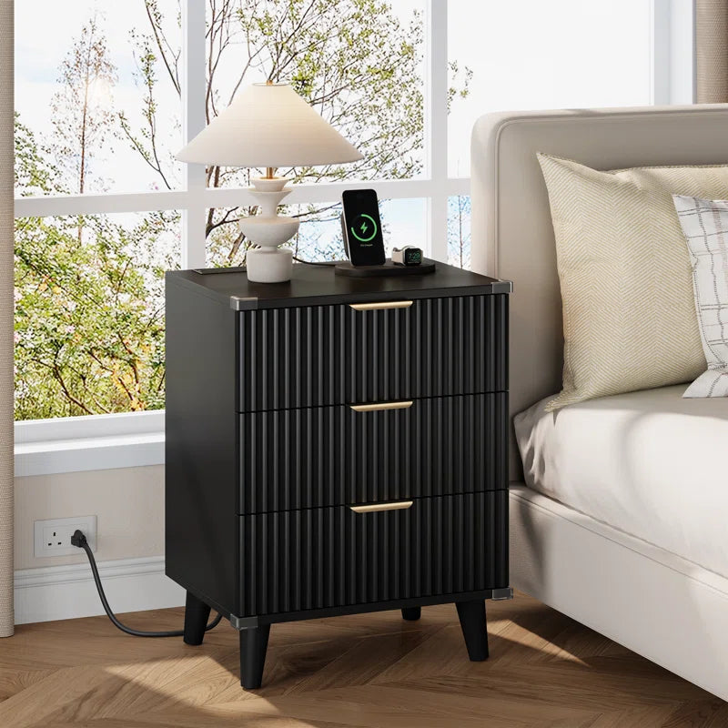 Nightstand with Charging Station, 3 Drawers  With 2 USB Ports and 2 AC Outlets