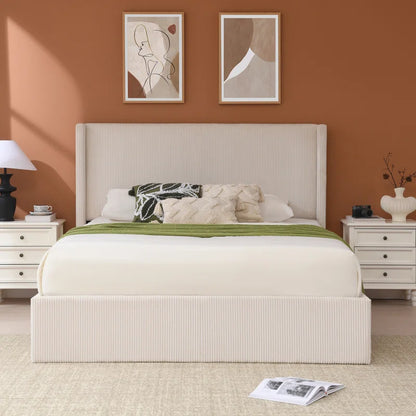 Wauseon Luxury Hydraulic Lift up Storage Corduroy Upholstered Platform Bed,Modern Wingback Design,No Box Spring Needed, Noise-Free
