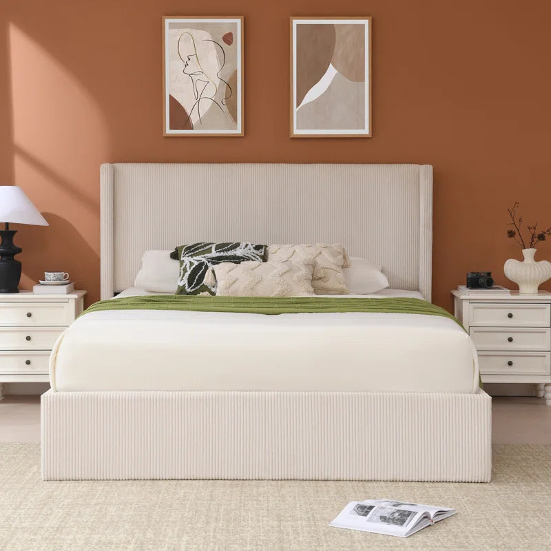 Wauseon Luxury Hydraulic Lift up Storage Corduroy Upholstered Platform Bed,Modern Wingback Design,No Box Spring Needed, Noise-Free