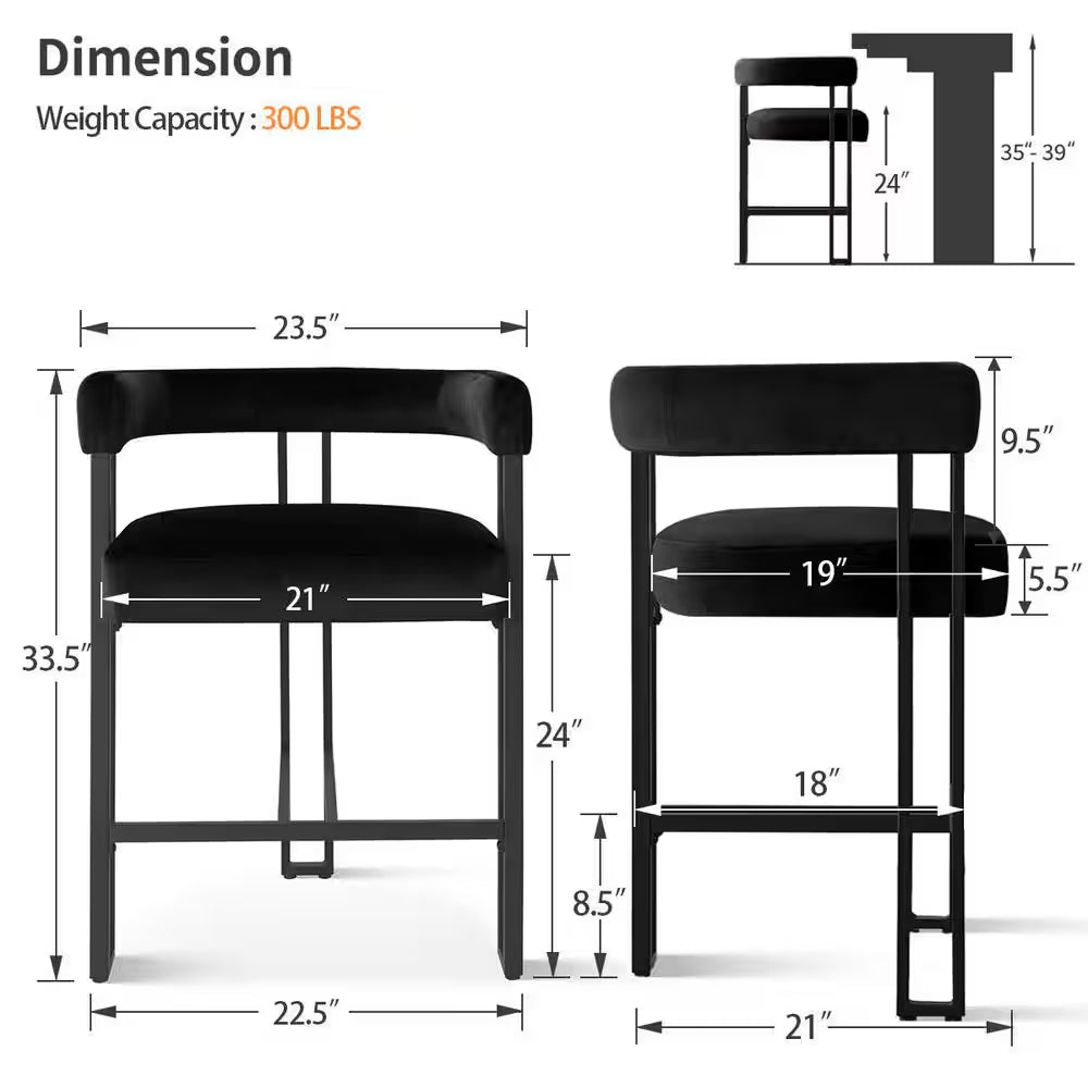 Black Metal Frame Counter Height Velvet Bar Stool Single