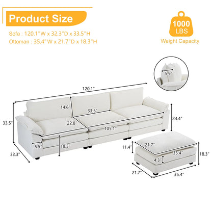 Sectional Sofa with Ottoman, L Shaped Convertible Couch with Removable Chaise Chenille Fabric Sofa Set for 4-6 Persons Living Room Furniture Beige