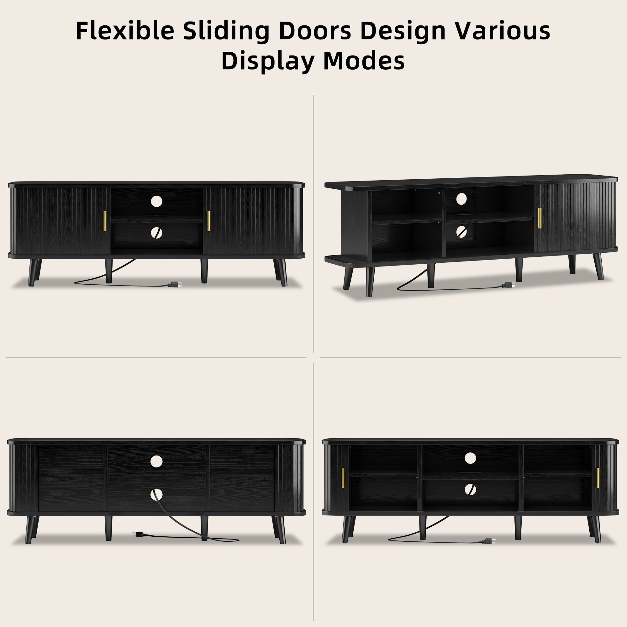 59" Modern TV Stand with Power Outlet & Sliding Doors – Black