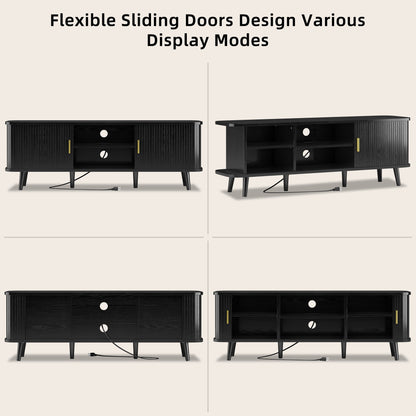 59" Modern TV Stand with Power Outlet & Sliding Doors – Black