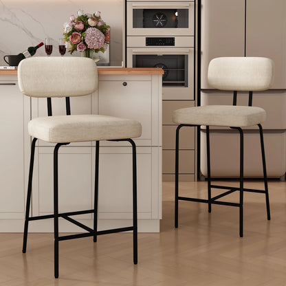 Bar Stools Set of 2, 26" Counter Height Barstools with Back and Footrest, Square Fabric Upholstered Stools, White