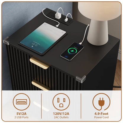Nightstand with Charging Station, 3 Drawers  With 2 USB Ports and 2 AC Outlets