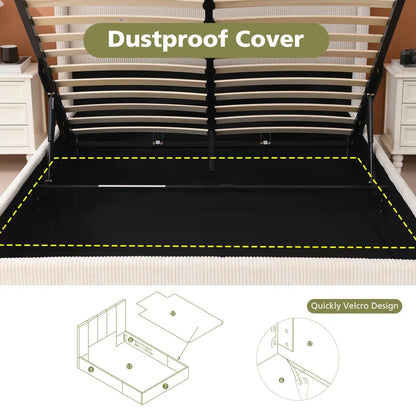 Wauseon Luxury Hydraulic Lift up Storage Corduroy Upholstered Platform Bed,Modern Wingback Design,No Box Spring Needed, Noise-Free