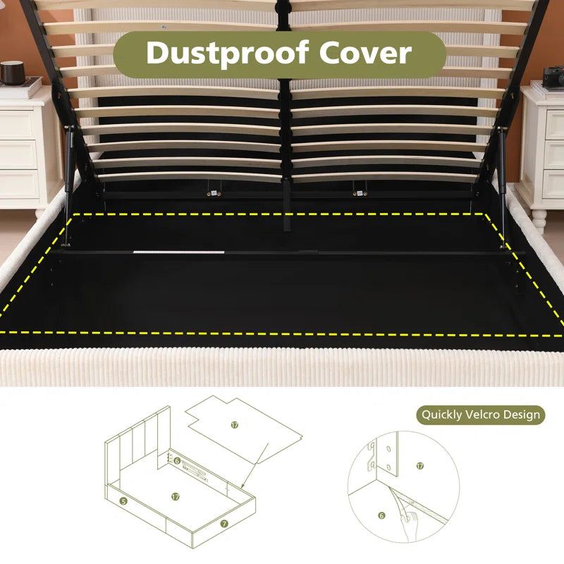 Wauseon Luxury Hydraulic Lift up Storage Corduroy Upholstered Platform Bed,Modern Wingback Design,No Box Spring Needed, Noise-Free