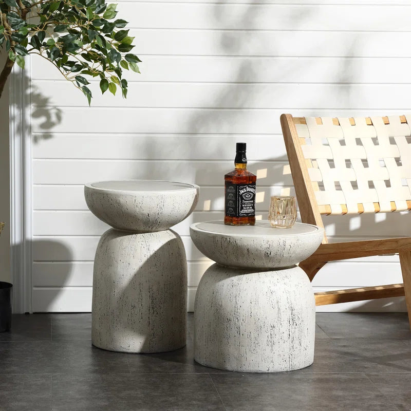 Rustic off White and Gray round Tall Mgo Side Table, Indoors and Outdoors