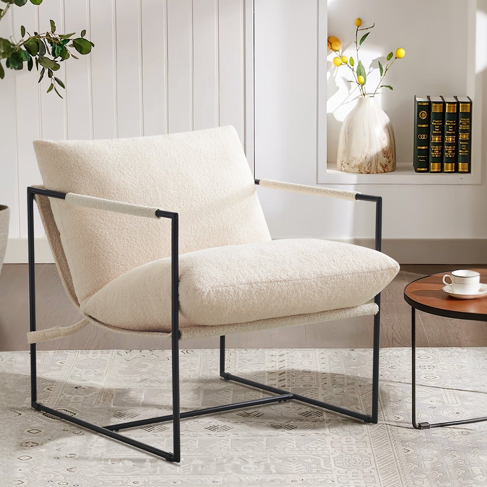 29" Modern Ivory White Faux Fur Sling Accent Chair - Metal Frame Upholstered Armchair