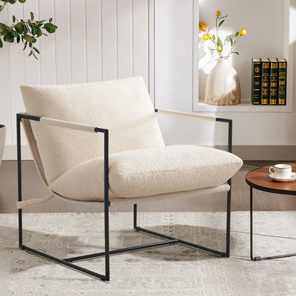 29" Modern Ivory White Faux Fur Sling Accent Chair - Metal Frame Upholstered Armchair