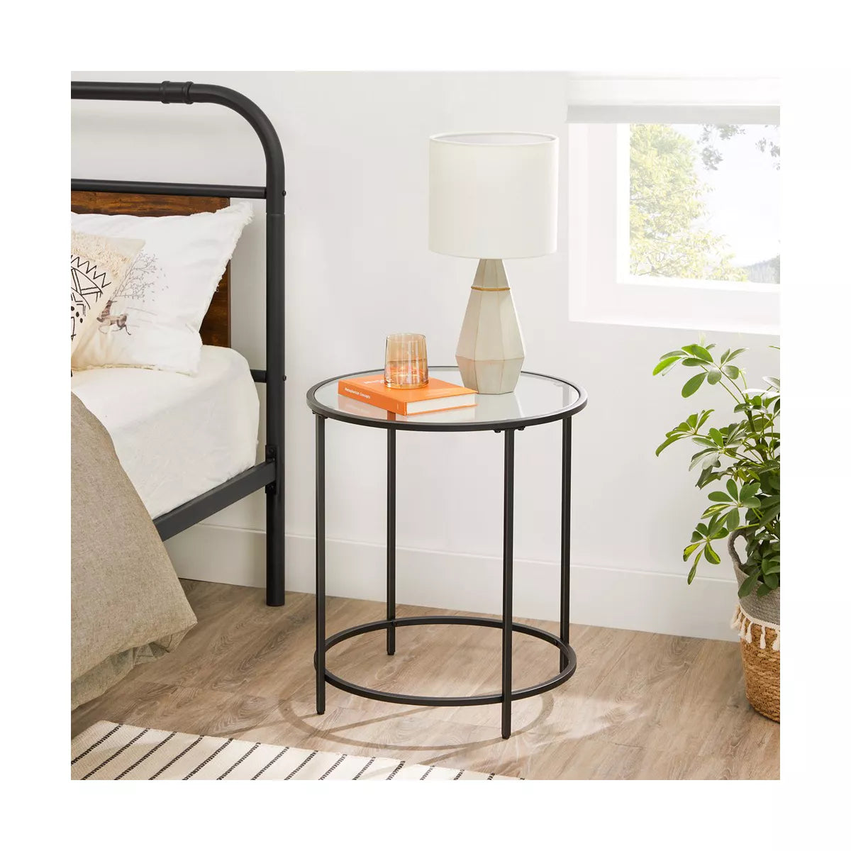 VASAGLE round Side Table, Glass End Table with Metal Frame, Laurel Green Coffee Table with Modern Style