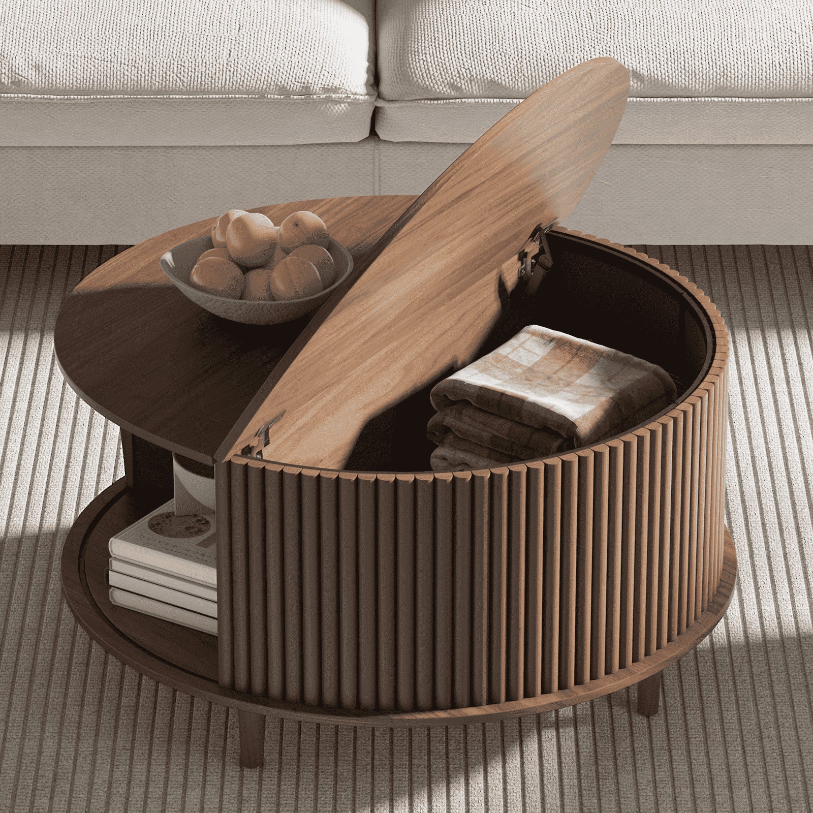 Round Walnut Coffee Table with Sliding Door Storage – Mid-Century Modern