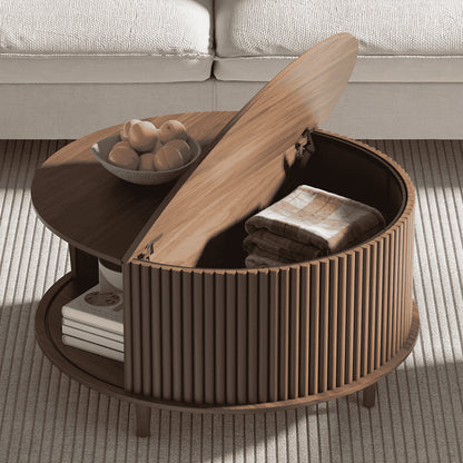Round Walnut Coffee Table with Sliding Door Storage – Mid-Century Modern
