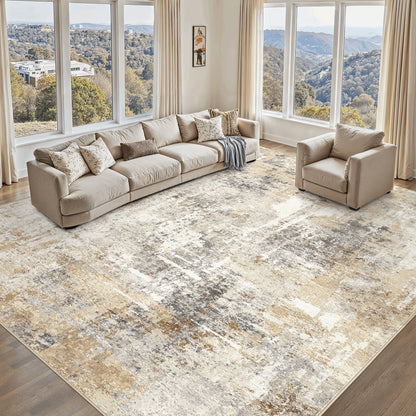 9'X12' Large Area Rugs for Living Room, Washable Non Slip Indoor Rug for Bedroom Home Decor Carpets, Modern Abstract Printed Carpet, Grey Gold