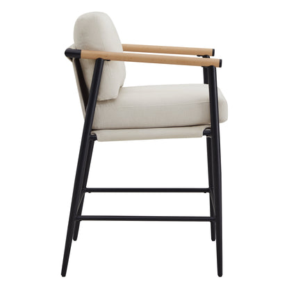 Modern Upholstered Bar Stools with Metal Frame and Wooden Armrests, Fabric in Beige