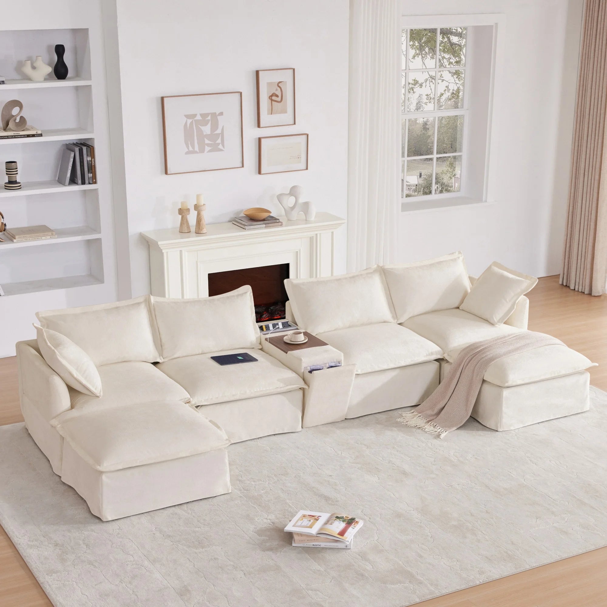 131'' Modular Sectional Sofa with Movable Ottoman and Console, Cup Holder, Wide Seat, 6 Seat U Shaped Couch, Oversized Chenille Sofa with USB Charger for Living Room, Apartments (Beige)