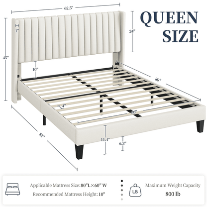 Hommeco Ivory Upholstered Wingback Queen Platform Bed