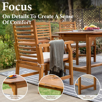 7-Piece Acacia Wood Outdoor Patio Dining Set with 6 Wooden Chairs with Cushions & 1 Expandable Wooden Dining Table for 6-8 Person