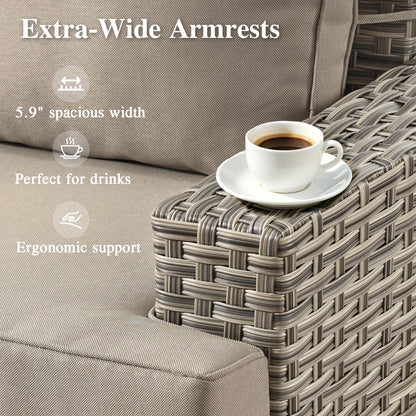 6-Piece Outdoor Patio Furniture Set with Solar-Powered Lighted Coffee Table, All-Weather Wicker L-Shaped Sectional Sofa, Beige