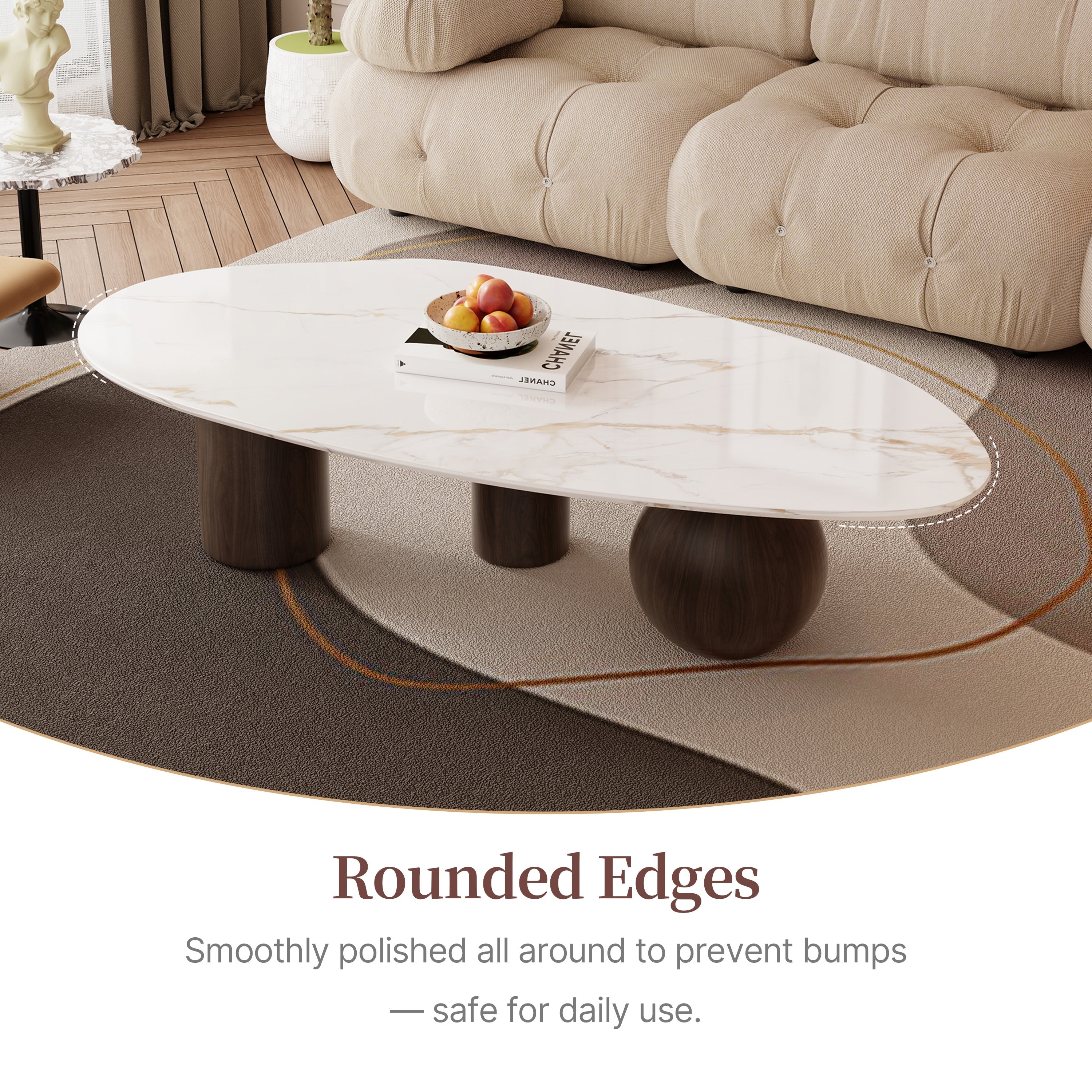 Modern 54" White Sintered Stone Coffee Table - Free Form Organic Top with Stainless Steel Legs