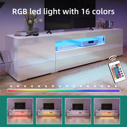 Large LED TV Stand for 75 Inch Tvs White High Glossy Media Center with 2 Cabinets and 1 Drawer for Living Room, 70"