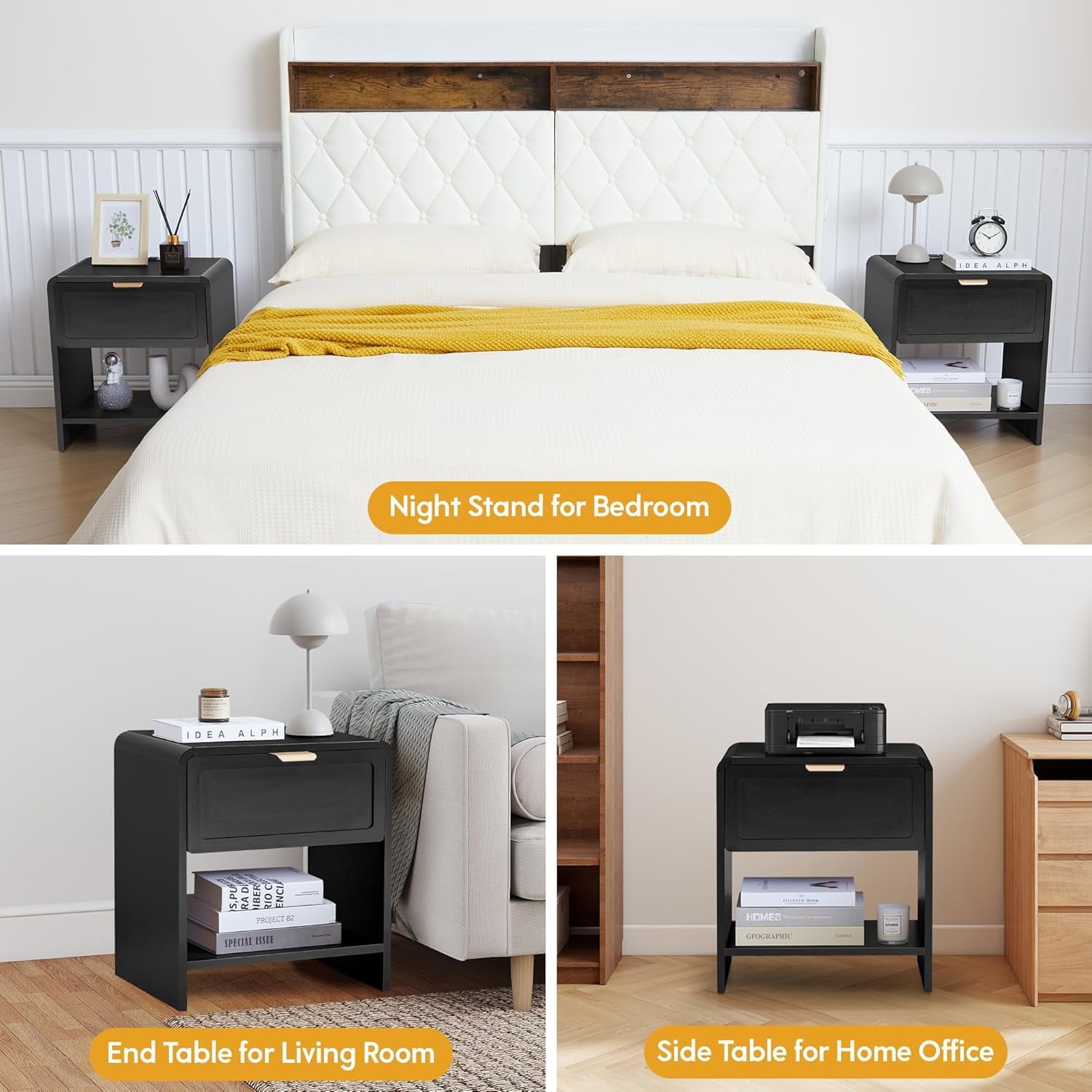 Mid-Century Modern Curved Top Corners Nightstand Set of 2