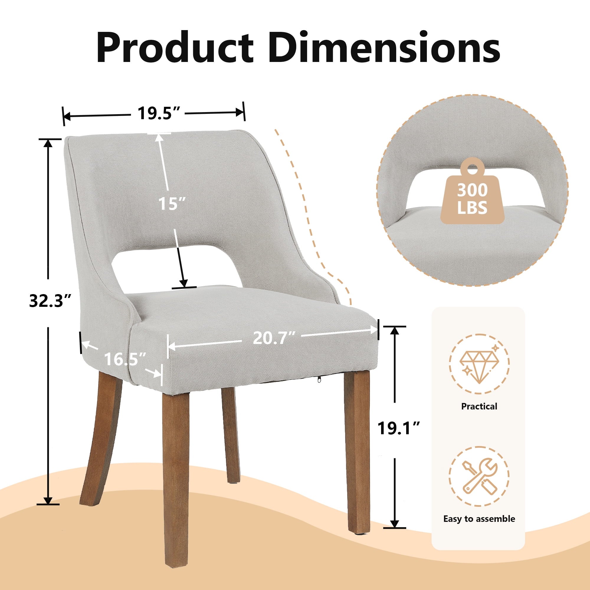 Set of 4 Modern Wooden Dining Chairs – Linen Fabric with Cutout Back