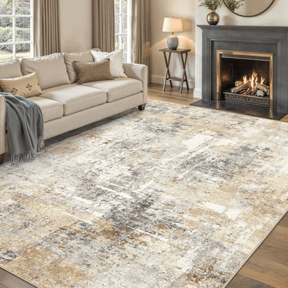 9'X12' Large Area Rugs for Living Room, Washable Non Slip Indoor Rug for Bedroom Home Decor Carpets, Modern Abstract Printed Carpet, Grey Gold