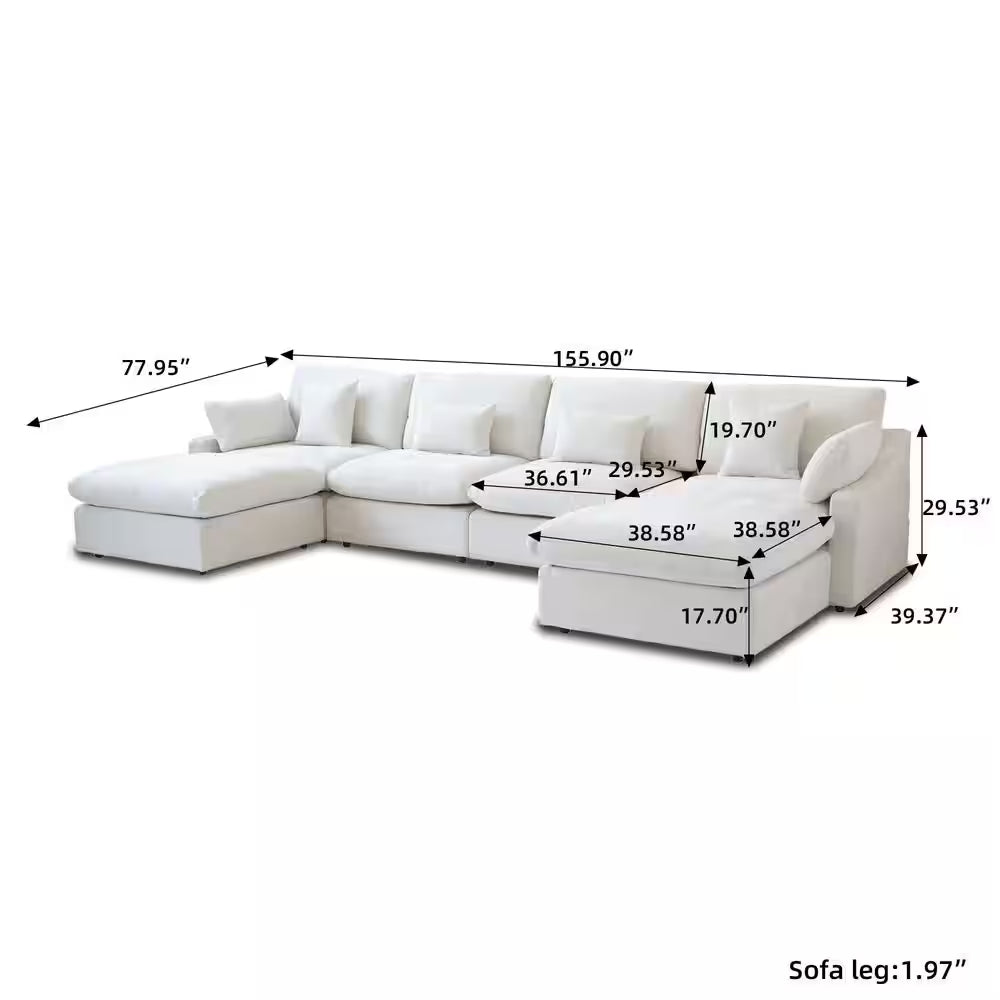 Hommeco 155" Modular 6-Piece Slope Arm Linen Sectional Sofa with Ottoman - Beige