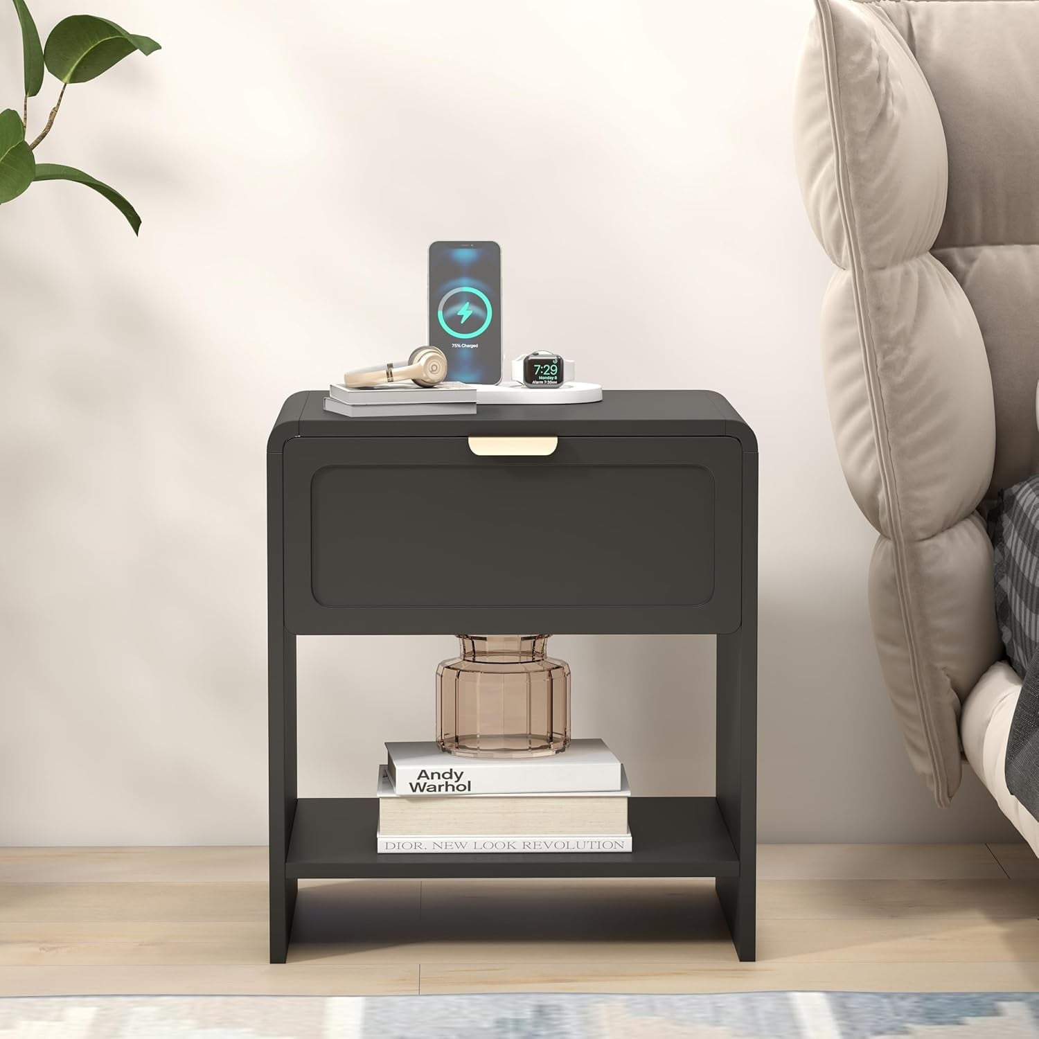 Mid-Century Modern Curved Top Corners Nightstand Set of 2
