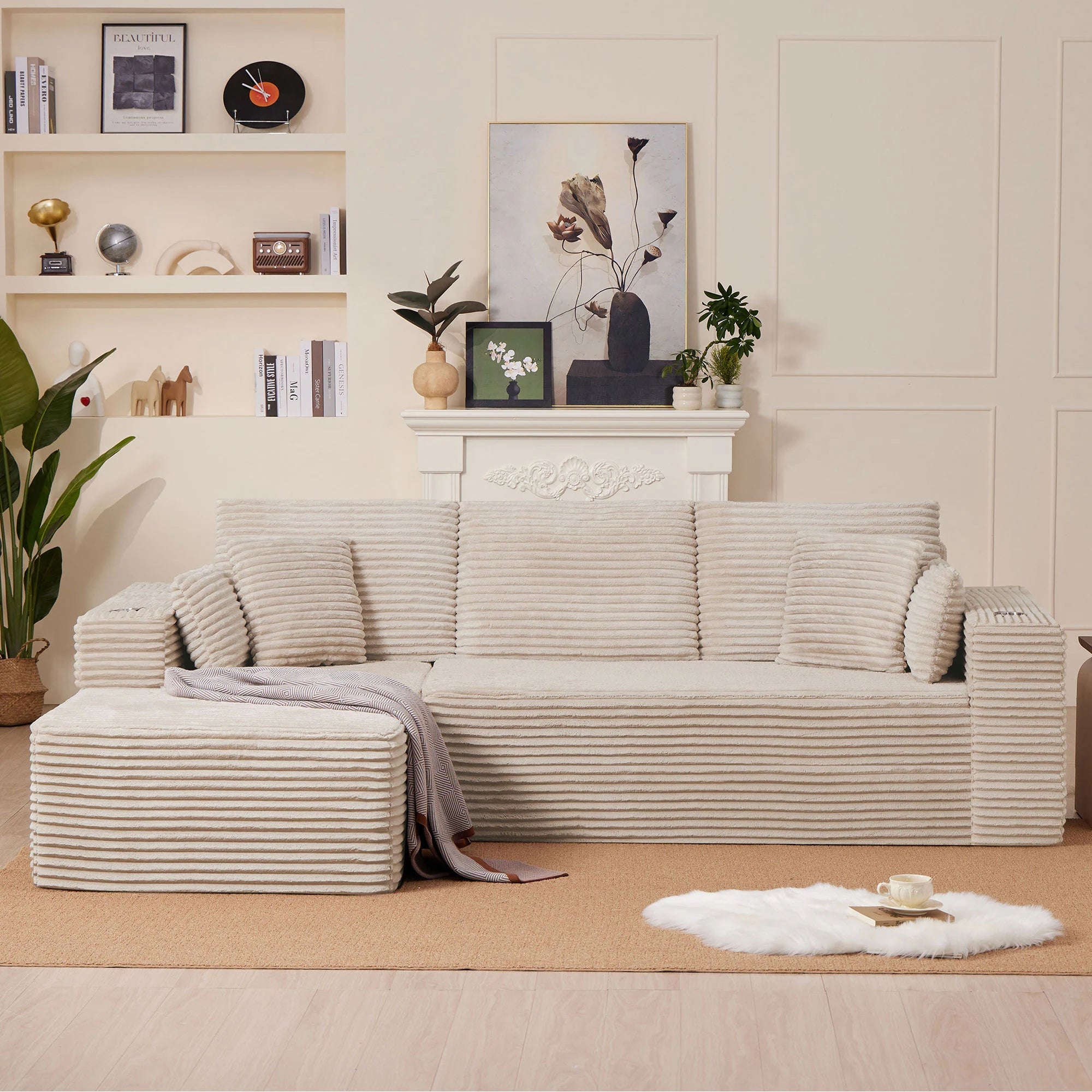 102.76" Corduroy Cloudy L Shaped Sofa with Headrests and Toss Pillows