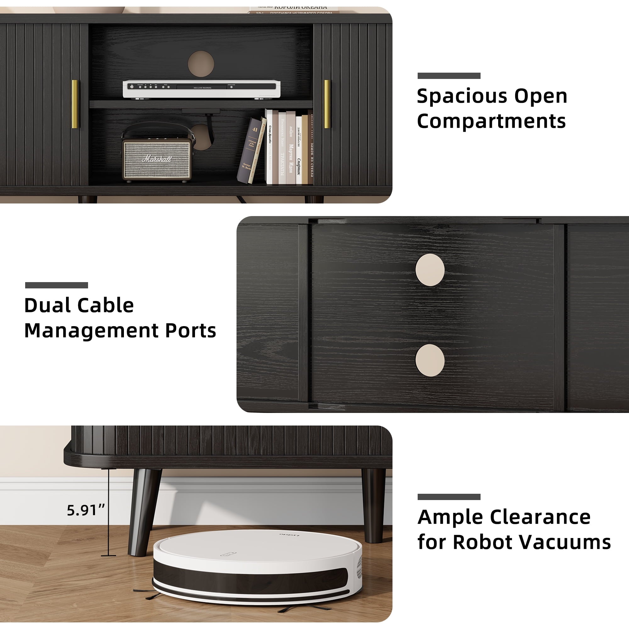 59" Modern TV Stand with Power Outlet & Sliding Doors – Black