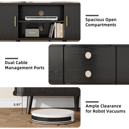 59" Modern TV Stand with Power Outlet & Sliding Doors – Black