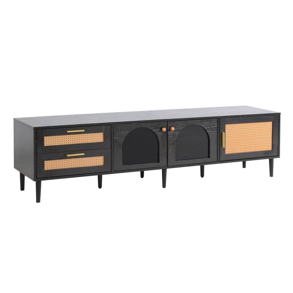 Rattan Black TV Stand Entertainment Center Fits Tv'S up to 80 In. with 2 Drawers, 3 Cabinets and LED Light