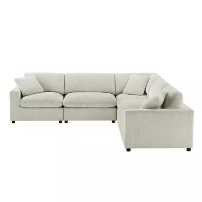 Hommeco 120" Beige Corduroy Fabric Modular 5-Piece Sectional Sofa - Square Arm Design