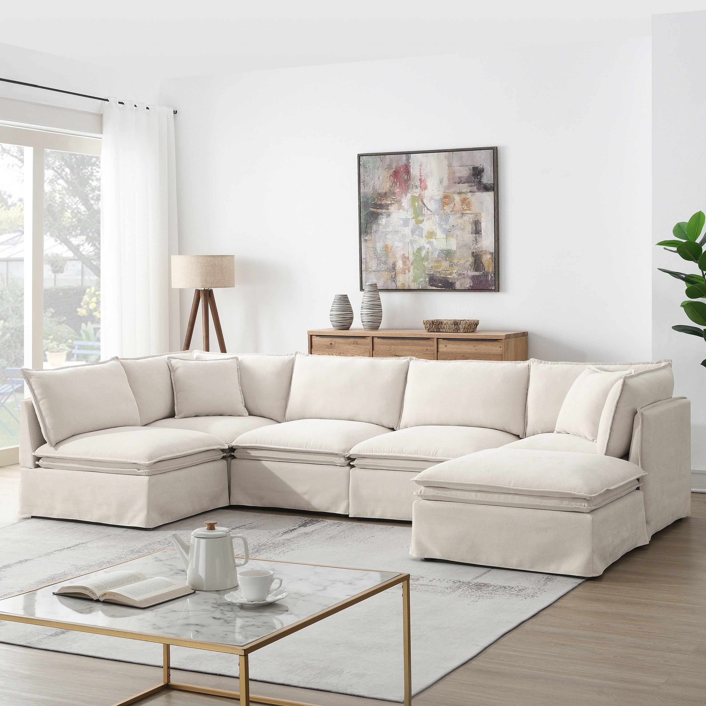 6-Seater Oversized Chenille Couch with Movable Ottoman