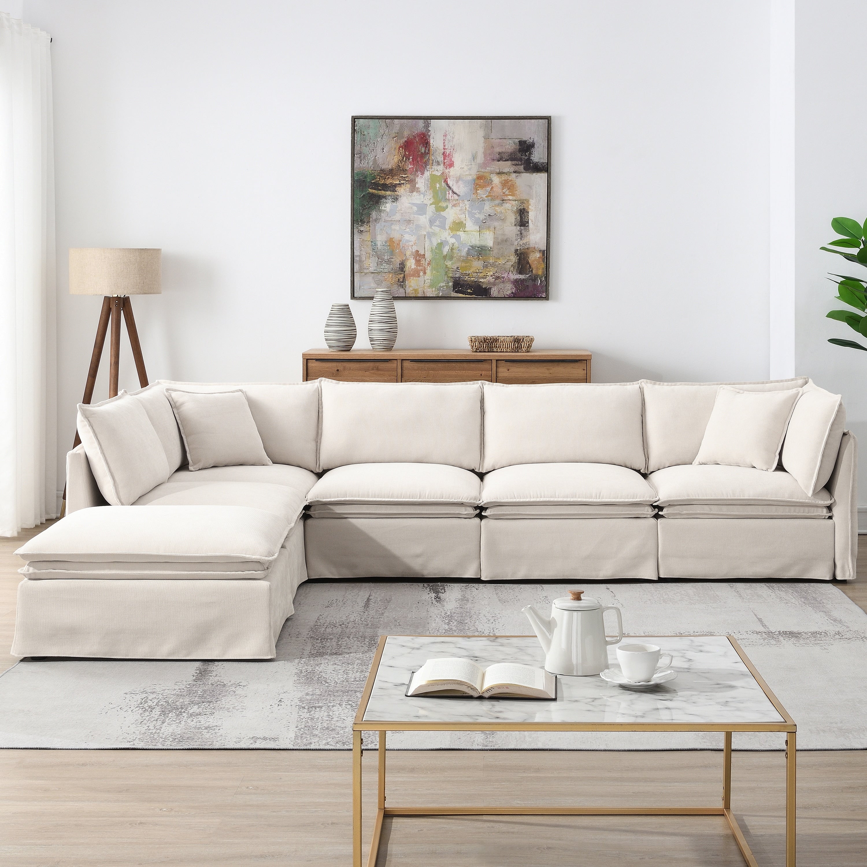 6-Seater Oversized Chenille Couch with Movable Ottoman