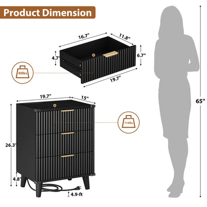 Nightstand with Charging Station, 3 Drawers  With 2 USB Ports and 2 AC Outlets