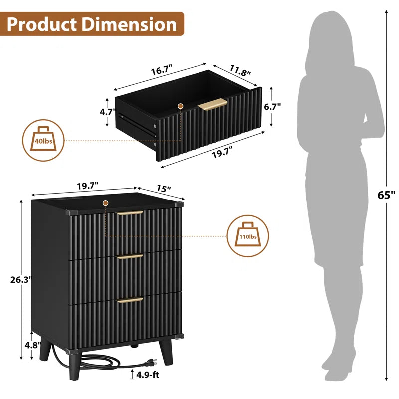 Nightstand with Charging Station, 3 Drawers  With 2 USB Ports and 2 AC Outlets